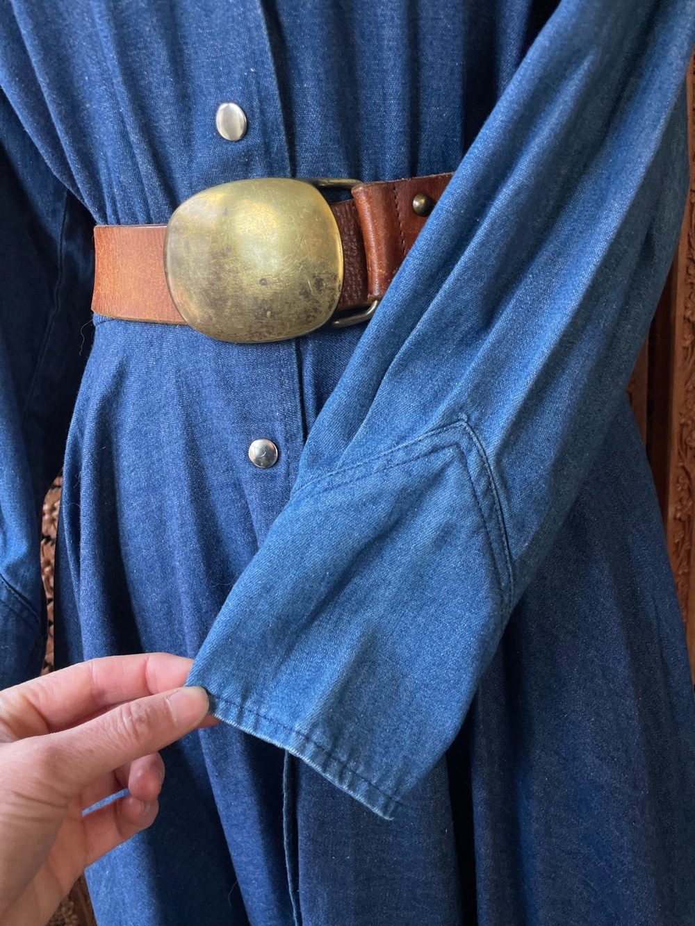 American Vintage Western Denim Jean Button-Front Midi Maxi Dress - Picture 8 of 16